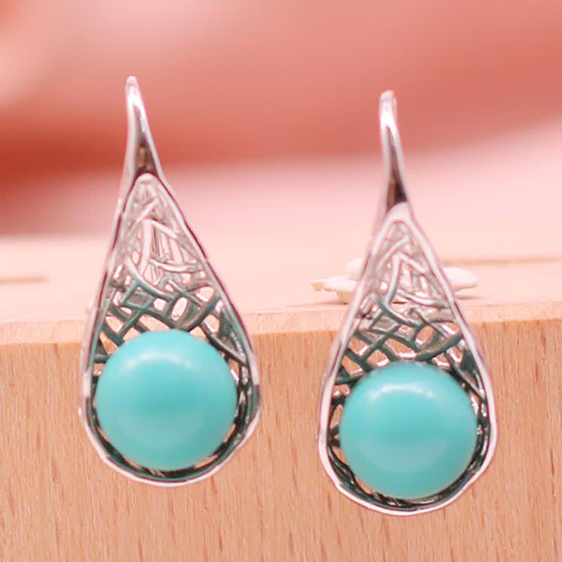 Buddha Stones 925 Sterling Silver Turquoise Beaded Pattern Protection Drop Dangle Earrings
