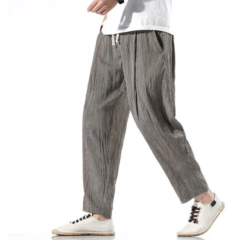 Buddha Stones Casual Plain Pleated Design Drawstring Men's Long Cotton Linen Harem Pants With Pockets