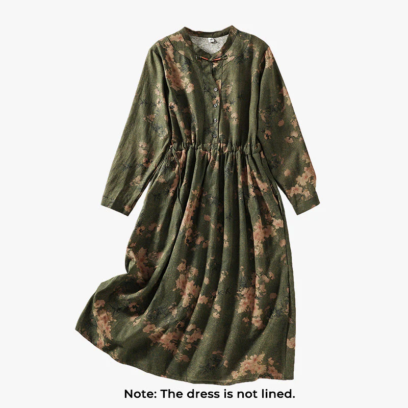 Buddha Stones Casual Printing Drawstring Chinese Frog-Button Cotton Linen Midi Dress With Pockets