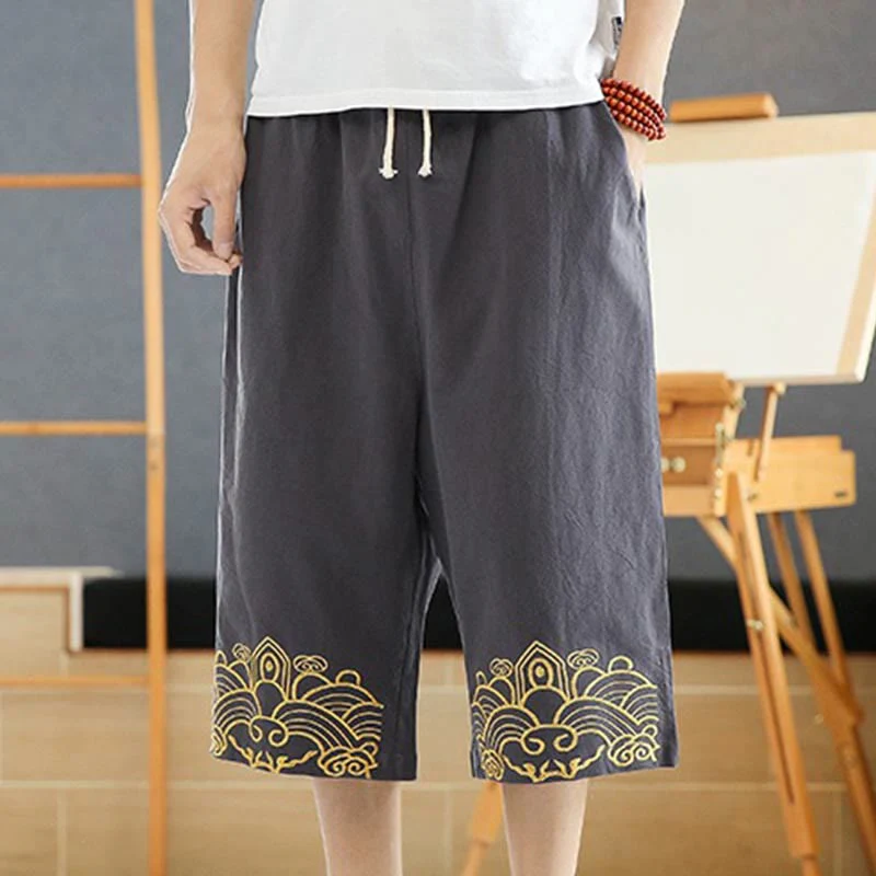 Buddha Stones Spring Casual Embroidery Drawstring Men's 7-8 Length Cotton Linen Harem Pants With Pockets