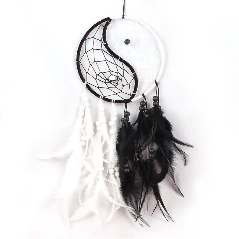 Buddha Stones Yin Yang Dream Catcher Circular Net with Feathers Balance Decoration