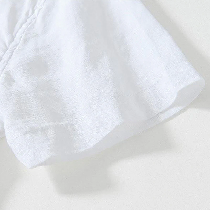 Buddha Stones Daily Frog-Button Stand Collar Short Sleeve Linen Men's Shirt