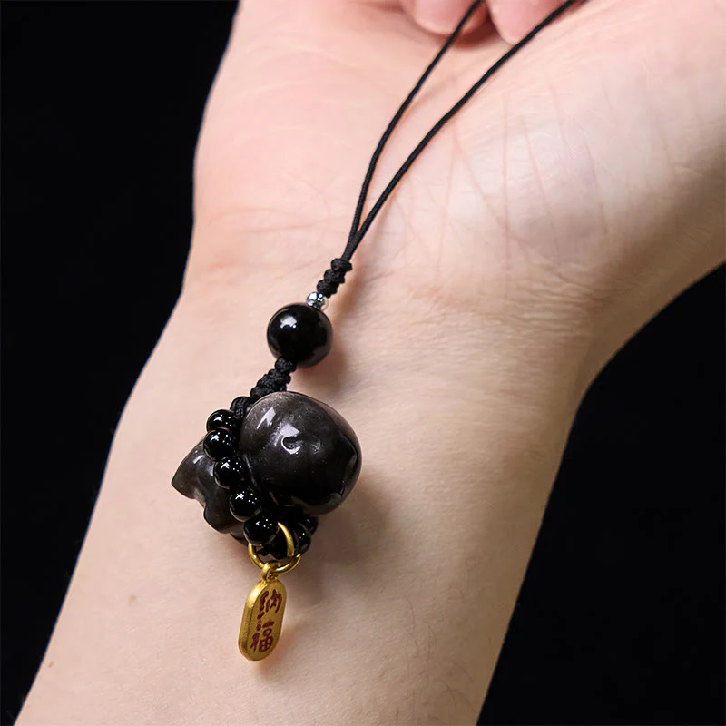 Buddha Stone Silver Sheen Obsidian Puppy Dog Fu Character Protection Necklace Phone Hanging Decoration