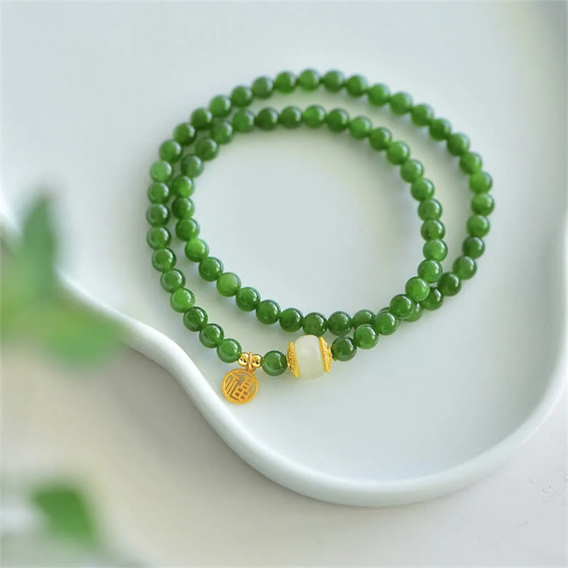 Buddha Stones Hetian Cyan Jade Happiness Blessing Bracelet