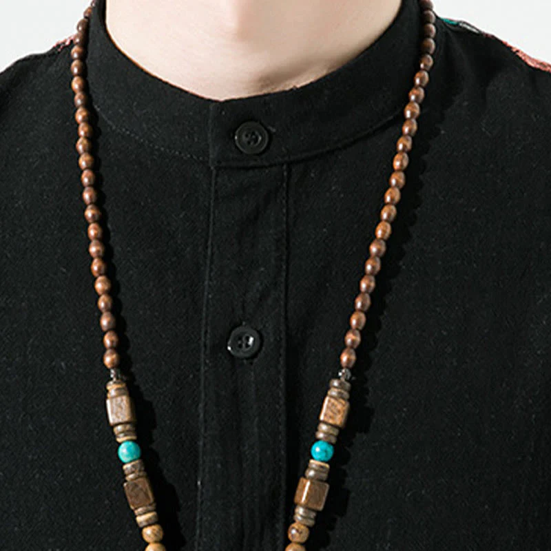 Buddha Stones Embroidery Patchwork Simple Design Three Quarter Sleeve Men's Cotton Linen Shirt