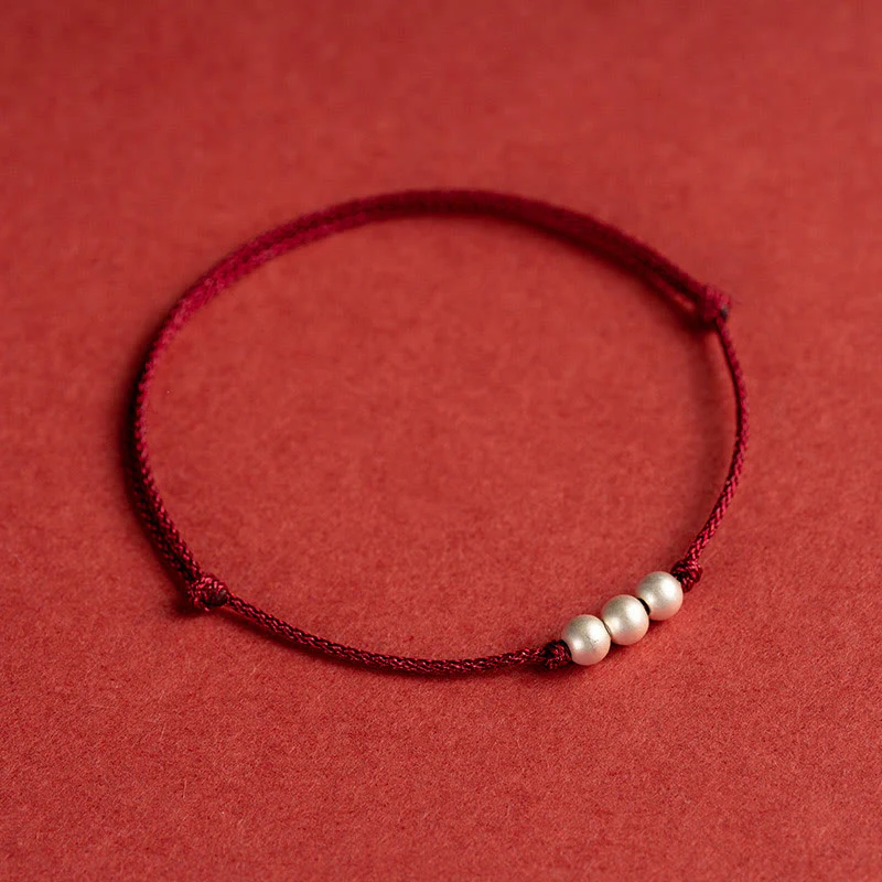 Buddha Stones 925 Sterling Silver Three Beads Protection String Bracelet Anklet