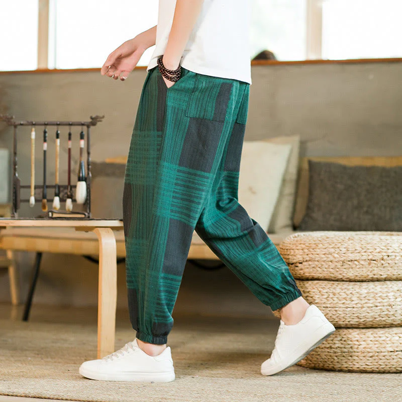 Buddha Stones Summer Checkered Stripes Cotton Linen Men's Harem Pants With Pockets