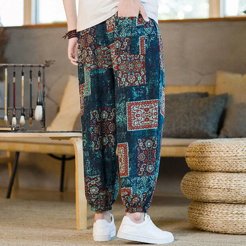 Buddha Stones Summer Square Patchwork Cotton Linen Men's Ankle-Length Harem Pants With Pockets