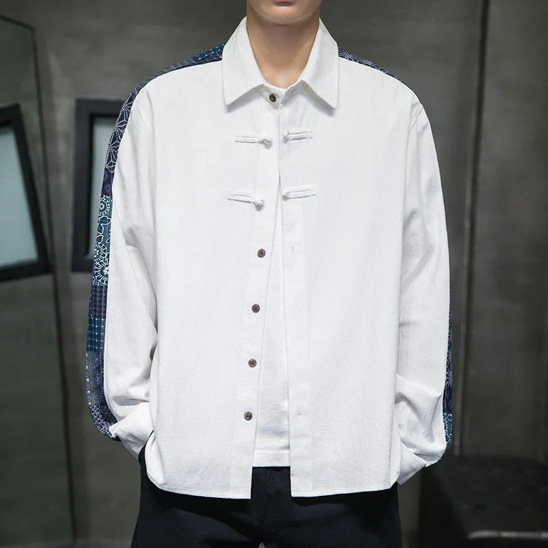 Buddha Stones Men's Flower Pattern Stitching Cotton Blend Long Sleeve Shirt