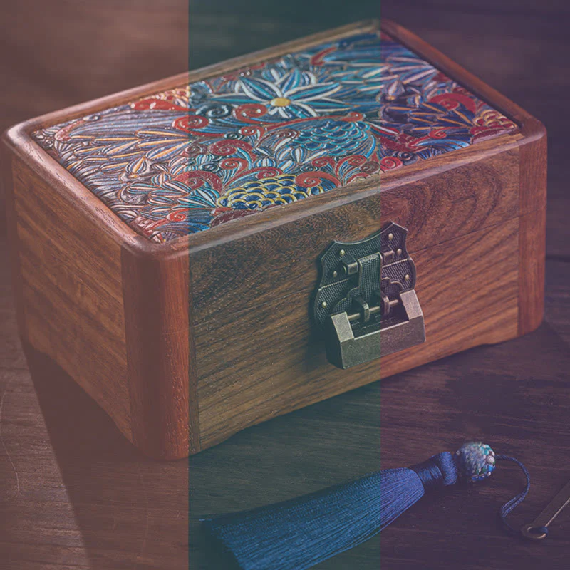 Buddha Stones Retro Handmade Floral Pattern Rosewood Jewelry Storage Box Lockable Wooden Gift Organizer Box