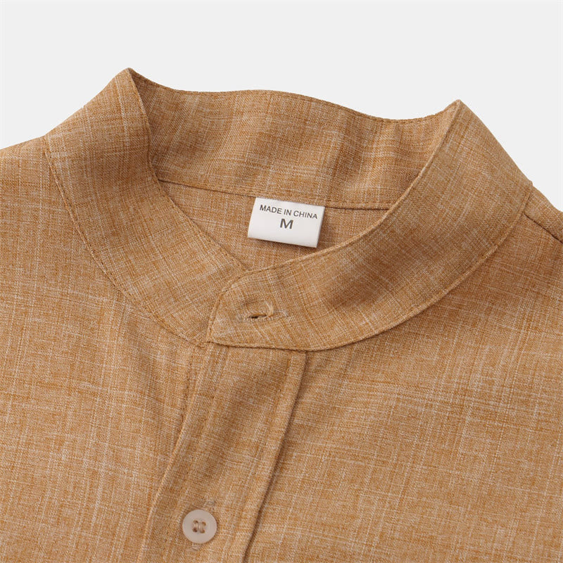 Buddha Stones Summer Men's Button Plain Short Sleeve Cotton Shirt With Pocket