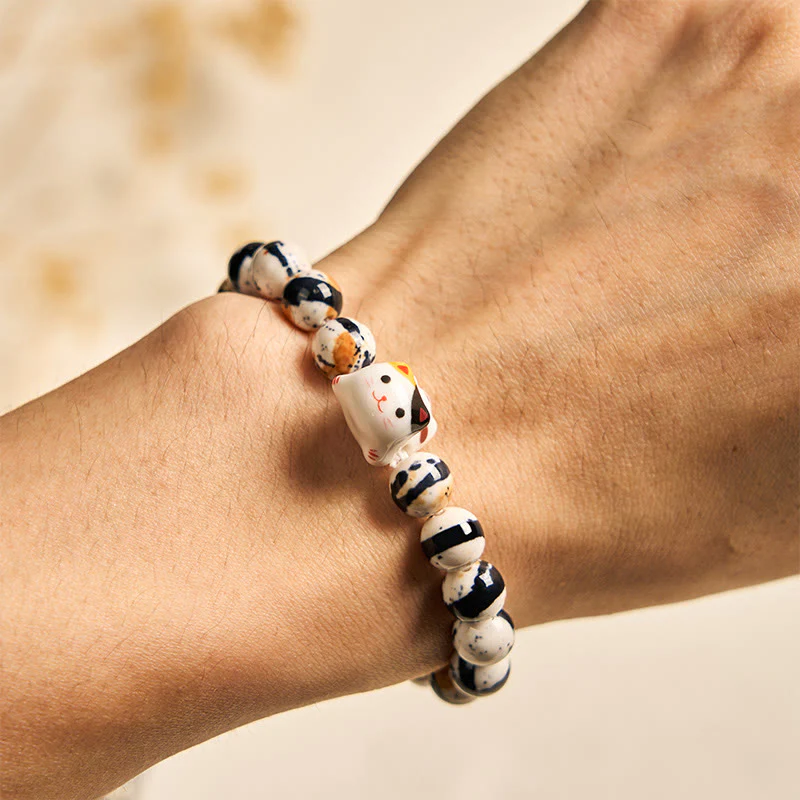 Buddha Stones Calico Cat Natural Stone Ceramic Kitten Head Strength Bracelet