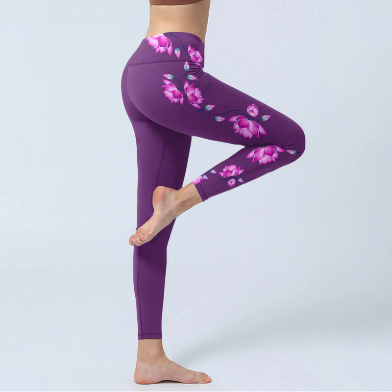 Buddha Stones Purple Pink Lotus Flower Print Gym Leggings Women's Yoga Pants