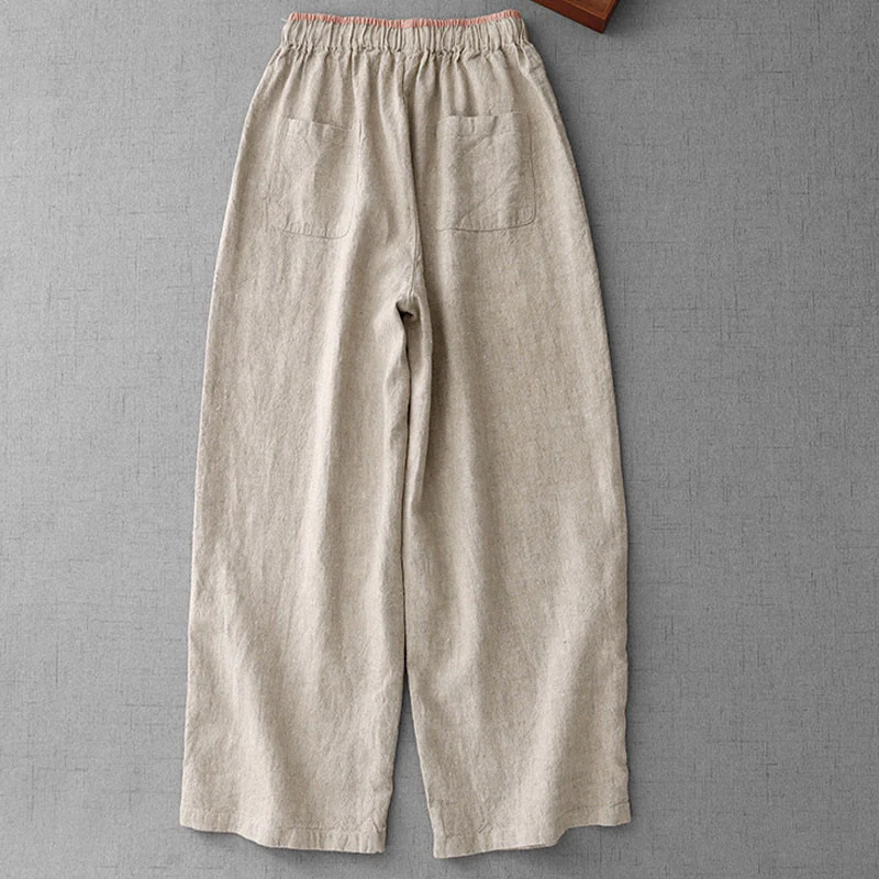 Buddha Stones Casual Daily Drawstring Simple Design Women's Cotton Linen Pants With Pockets