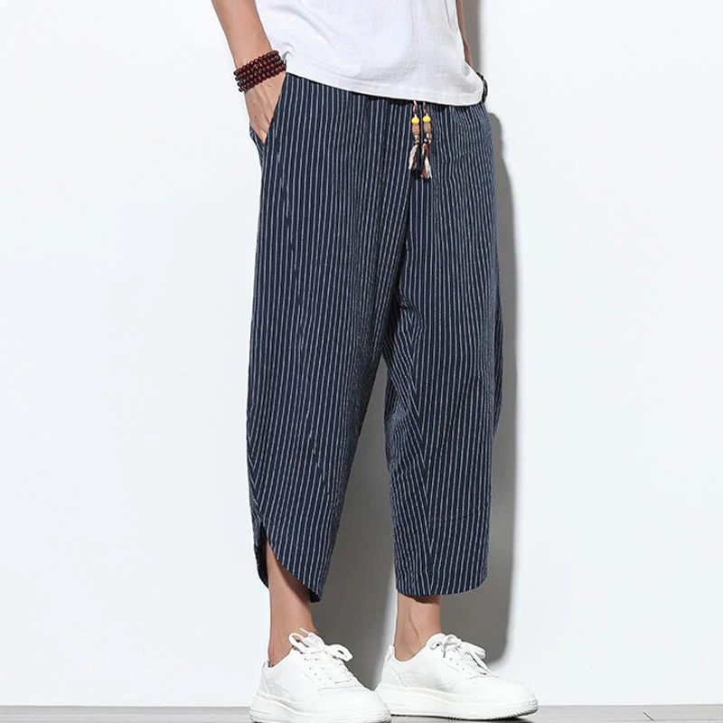 Buddha Stones Summer Stripes Pattern Drawstring Cotton Linen Men's 7-8 Length Harem Pants With Pockets