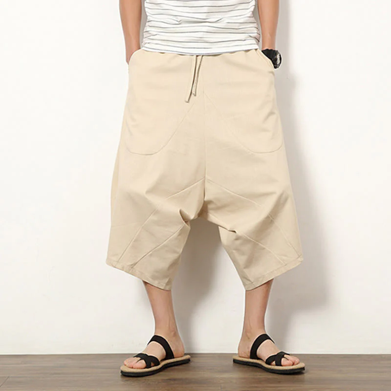 Buddha Stones Spring Plain Simple Patchwork Design Drawstring Cotton Linen Men's 7-8 Length Wide Leg Pants With Pockets