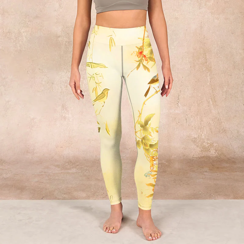 Buddha Stones Light Yellow Peony Flowers Birds Print Sports Leggings Women's Yoga Pants
