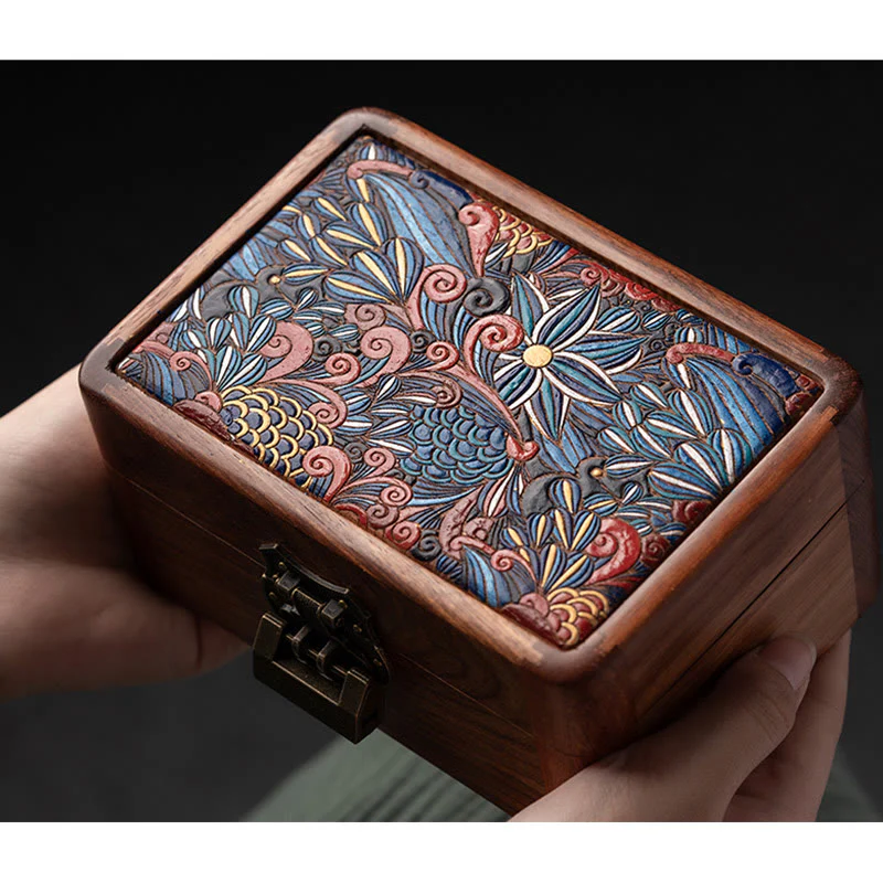 Buddha Stones Retro Handmade Floral Pattern Rosewood Jewelry Storage Box Lockable Wooden Gift Organizer Box