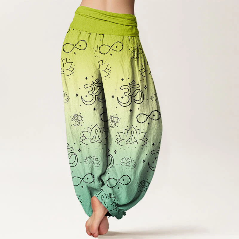 Buddha Stones OM Symbol Lotus Meditating Figure Infinity Pattern Women's Elastic Waist Harem Pants