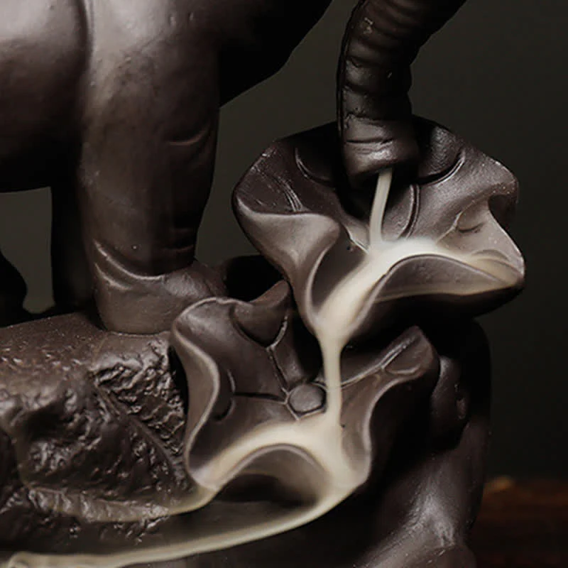 Buddha Stones Tibetan Elephant Purple Clay Backflow Smoke Fountain Peace Healing Incense Burner Decoration