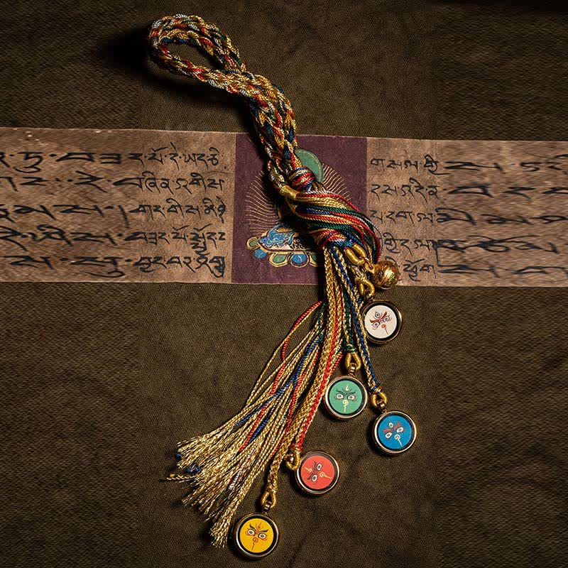 Buddha Stones Tibet Handmade Five God Of Wealth Thangka Protection Wall Car Hanging Decoration