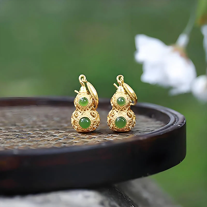 Buddha Stones Copper Hollow Gourd Jade Prosperity Earrings