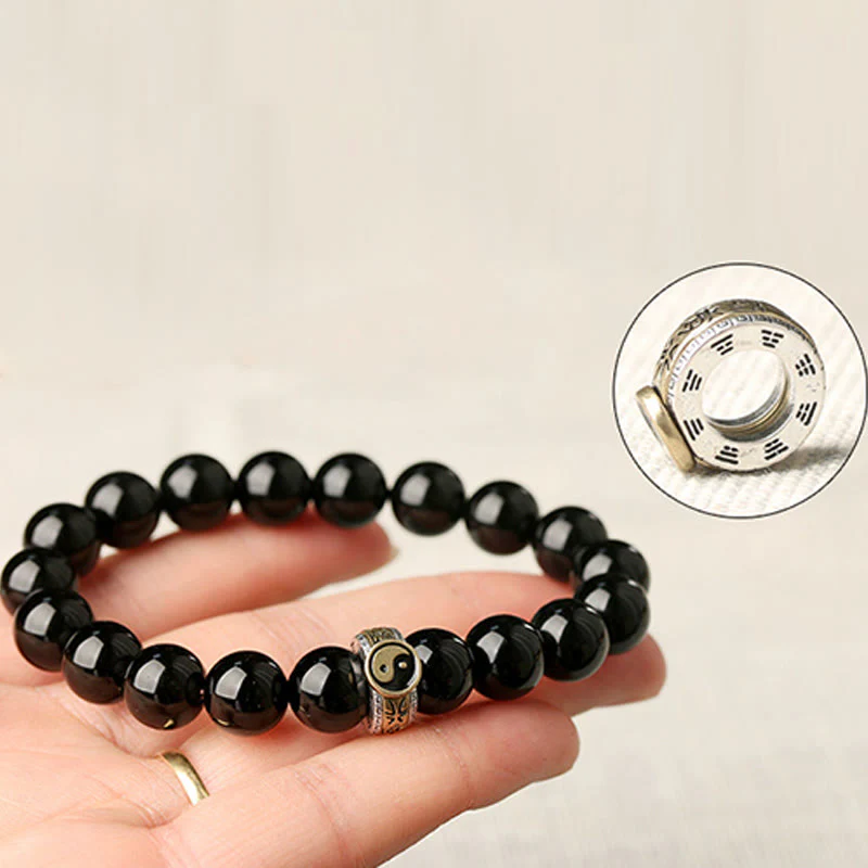 Buddha Stones Black Obsidian Yin Yang Nine-Character Mantra Fulfilment Bracelet