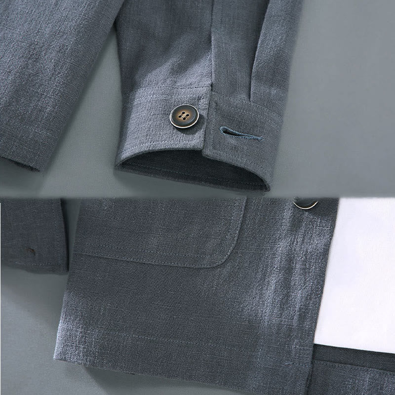 Buddha Stones Casual Plain Long Sleeve Button Lapel  Design Men's Ramie Linen Jacket With Pockets