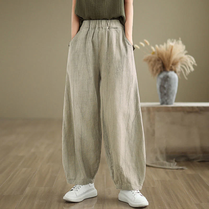 Buddha Stones Casual Plain Women's Cotton Linen Harem Pants With Pockets