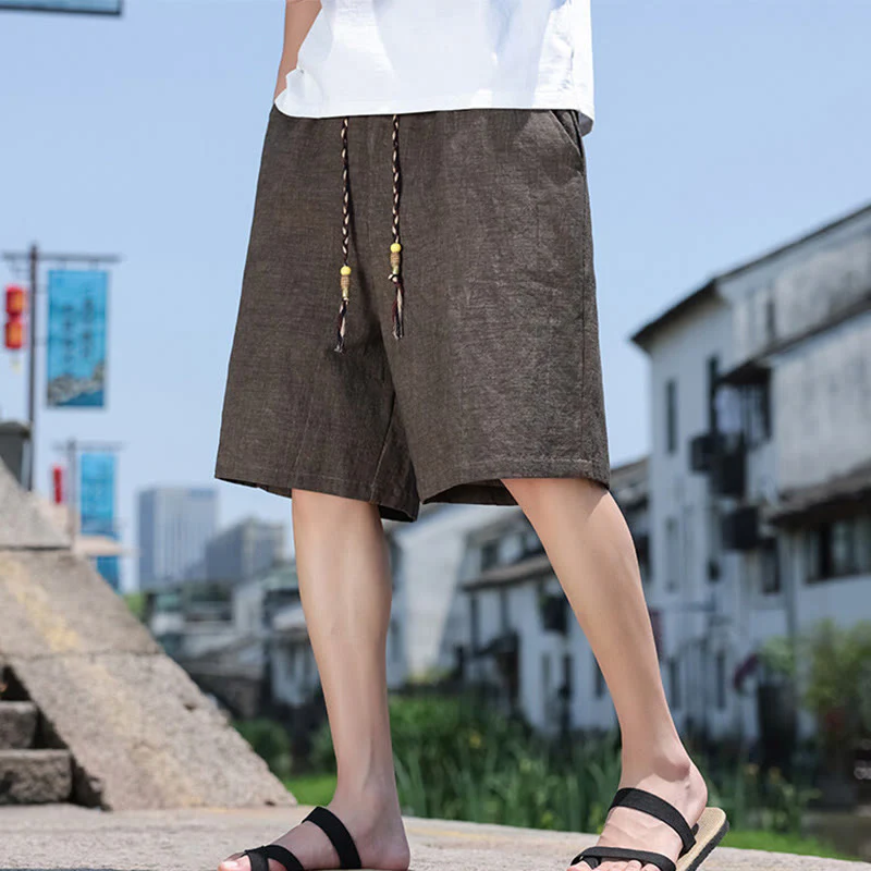 Buddha Stones Weaving Waist Rope Beads Cropped Linen Men's Shorts With Pockets
