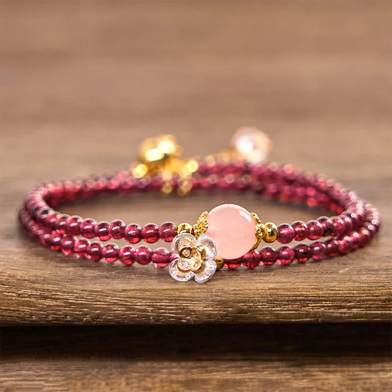 Buddha Stones Natural Flower Garnet Pink Crystal Calm Double Wrap Bracelet