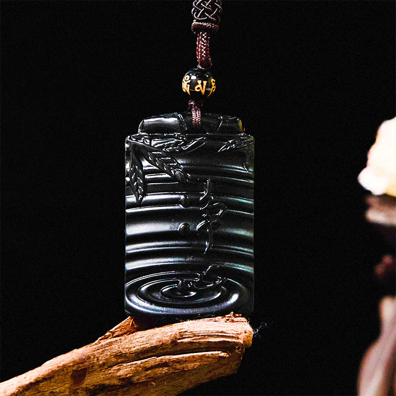 Buddha Stones Natural Black Obsidian Bamboo Fulfillment Necklace Pendant
