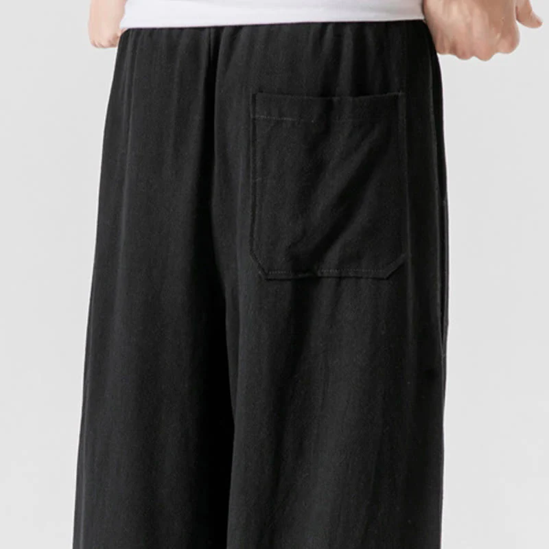 Buddha Stones Casual Loose Frog-Button Plain Men's Cotton Linen 7-8 Length Pants With Pockets