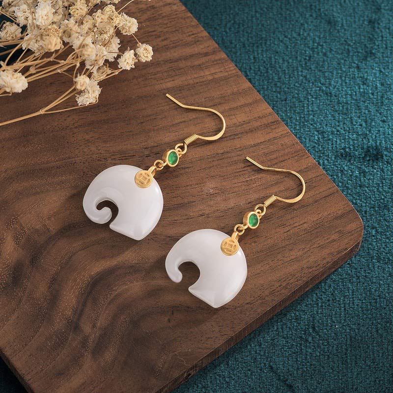 Buddha Stones FengShui Elephant White Jade Fortune Earrings