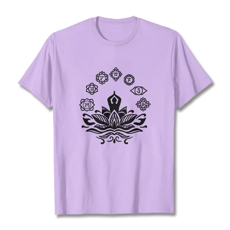 Buddha Stones Casual Meditating Figure Lotus Flower Seven Chakras Pattern Cotton Tee T-Shirt