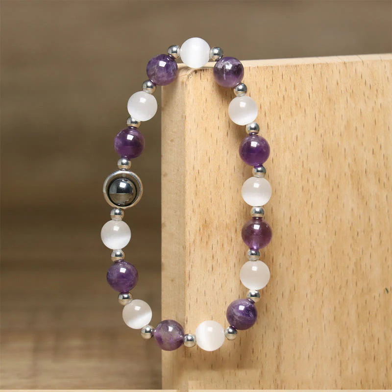 Buddha Stones Natural Amethyst White Cat's Eye Beads Balance Bracelet