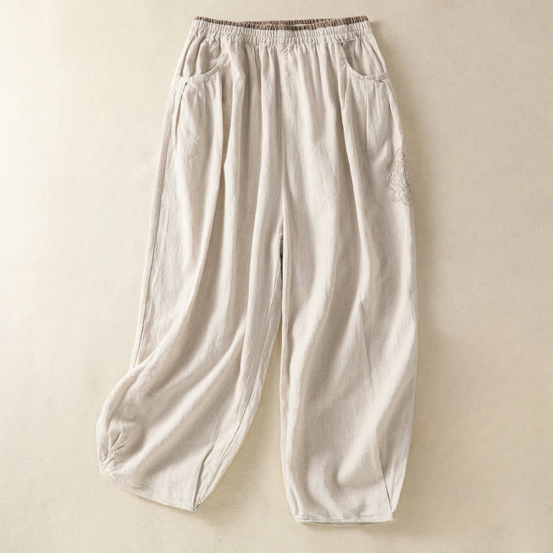 Buddha Stones Casual Embroidery Women's Cotton Linen 7-8 Length Harem Pants With Pockets