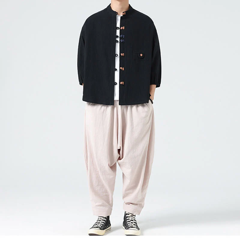 Buddha Stones Summer Frog-Button Front Stand Collar Men's Three Quarter Sleeve Cotton Shirt Cardigan With Pocket