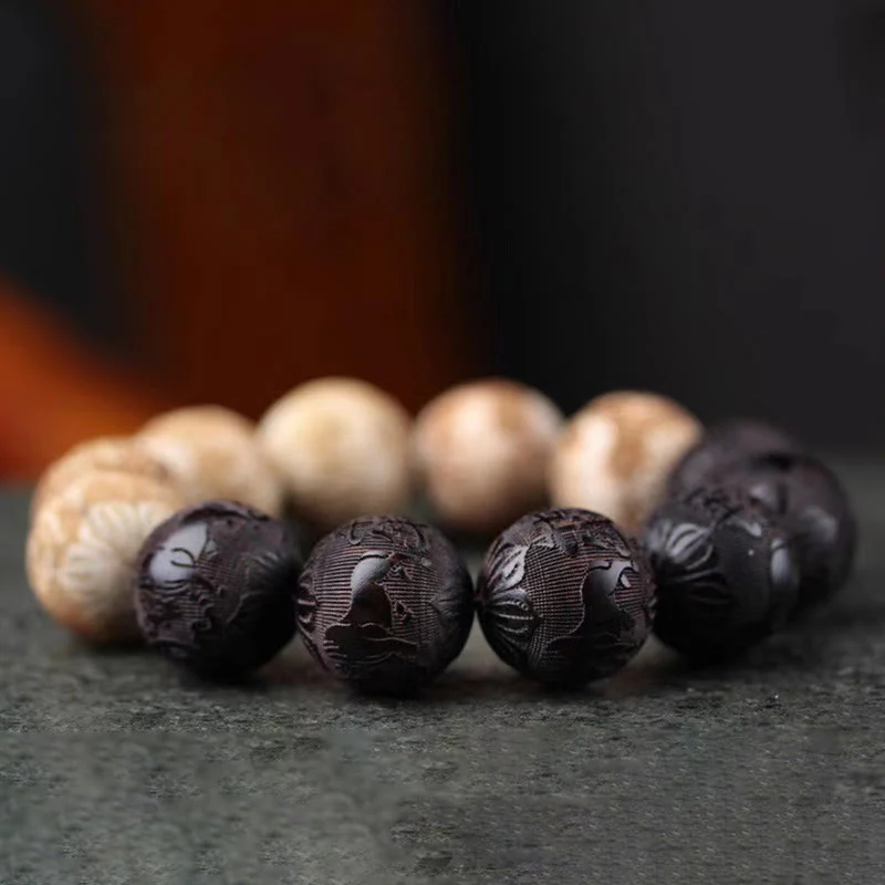 Buddha Stones Ebony Wood Camphor Wood Yin Yang Ox Engraved Peace Bracelet