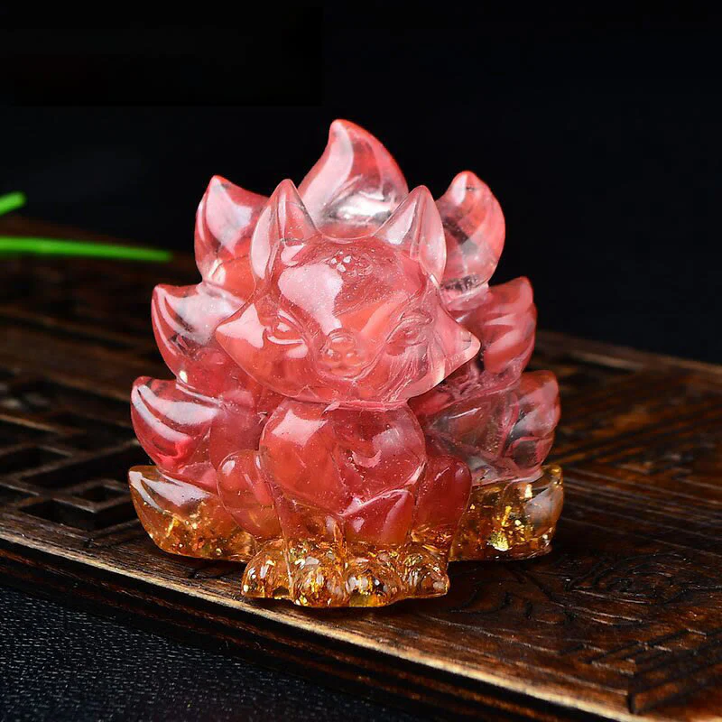 Buddha Stones Natural Various Crystal Strawberry Quartz Amethyst Nine Tailed Fox Protection Home Decoration