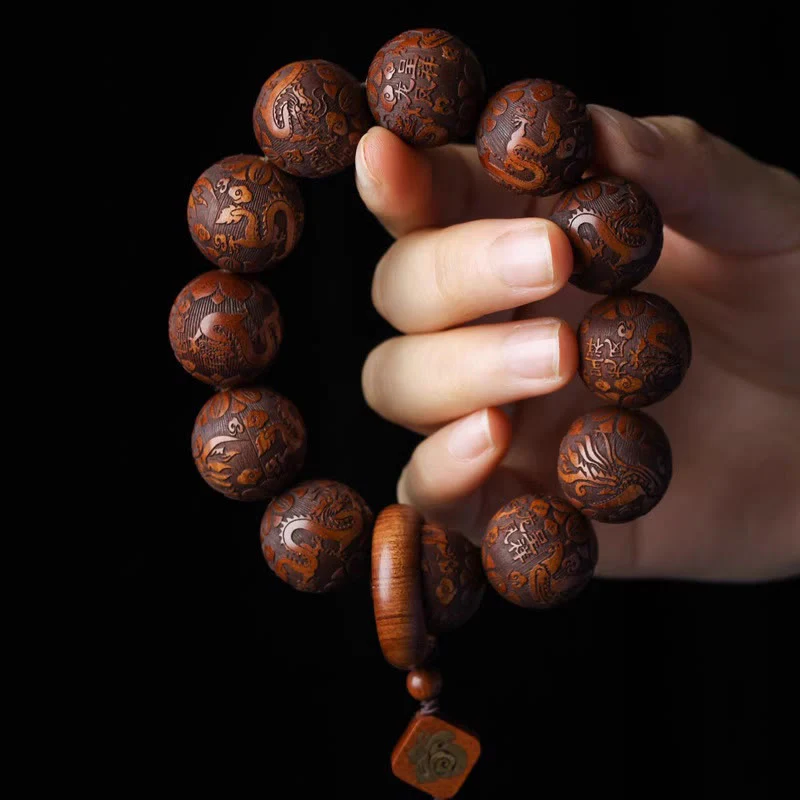Buddha Stones Natural Carving Dragon And Phoenix Fu Character Gourd Rosewood Beads  Warmth Bracelet