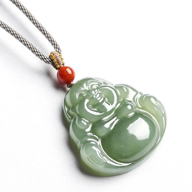 Buddha Stones Laughing Buddha Hetian Jade Abundance Necklace String Pendant