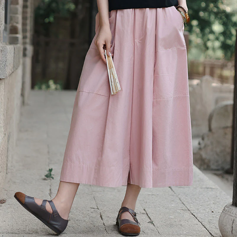 Buddha Stones Casual Plain Cotton High Waist Women's Wide Leg Capri Cropped Pants With Pockets