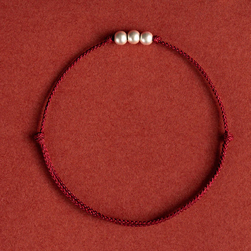 Buddha Stones 925 Sterling Silver Three Beads Protection String Bracelet Anklet