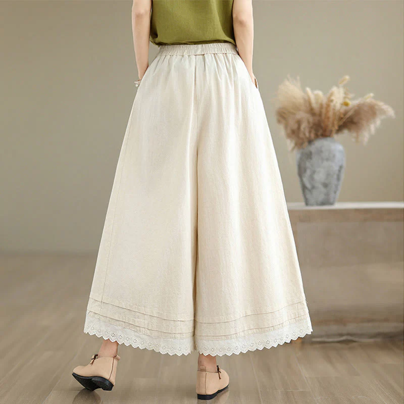 Buddha Stones Commute Simple Lace Design 7-8 Length Women's Wide Leg Cotton Linen Pants With Pockets