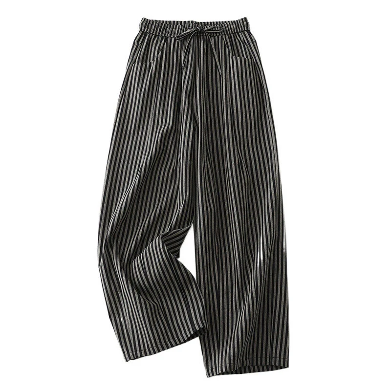 Buddha Stones Commute Striped Drawstring Design Women's Wide Leg Cotton Pants With Pockets