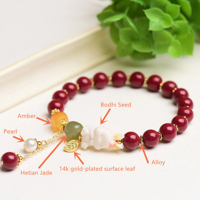Buddha Stones Year of the Rabbit Cinnabar Hetian Jade Bunny Beaded Blessing Bracelet