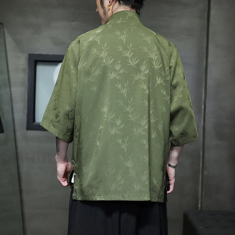 Buddha Stones Jacquard Bamboo Pattern Chinese Frog-Button Stand Collar Tang Suit Men's Cotton Shirt