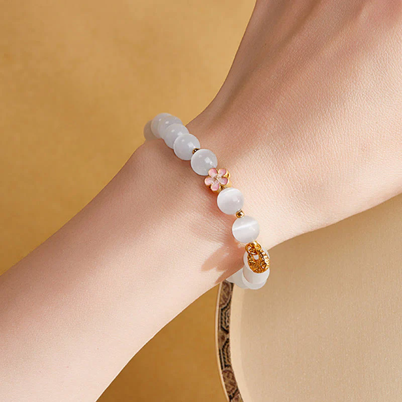 Buddha Stones 925 Sterling Silver Peach Blossom Lucky Bag White Cat's Eye Luck Bracelet