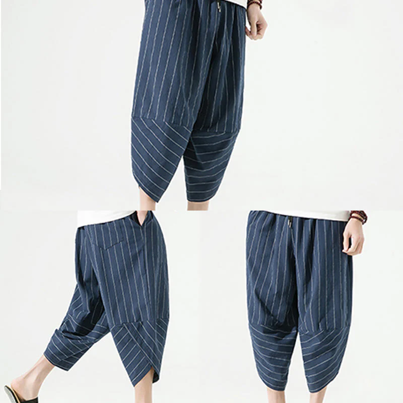 Buddha Stones Casual Plain Stripes Pattern Drawstring Men's 7-8 Length Cotton Linen Harem Pants With Pockets